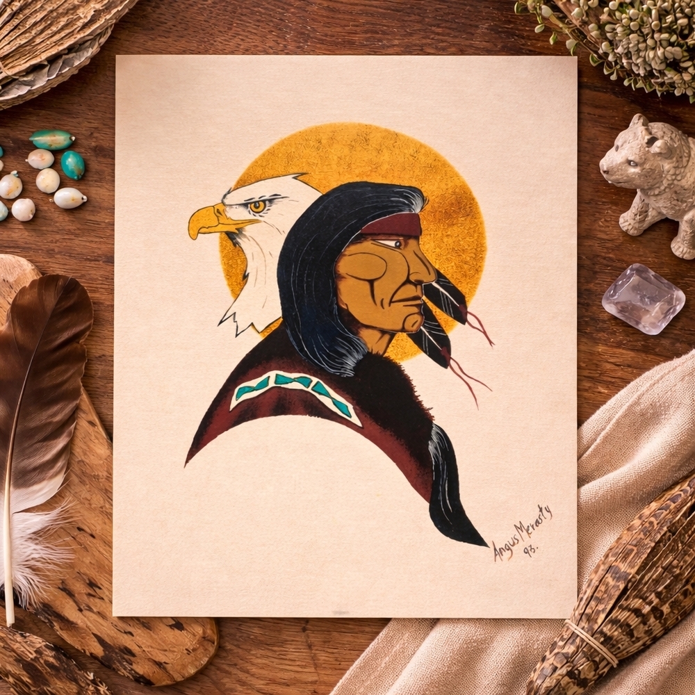 Original Indigenous Artwork Angus Merasty Signed 1995 Eagle Native Portrait Art